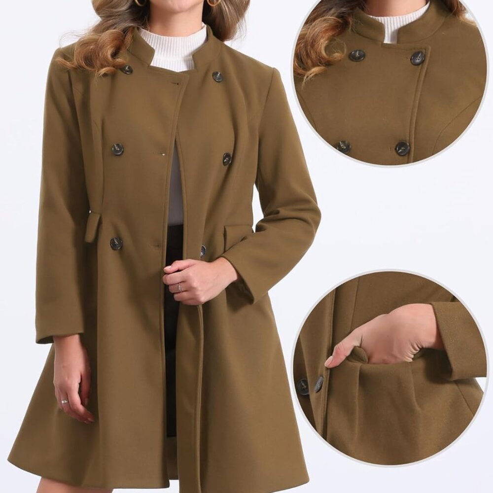 Allegra K Stand Collar Coat for Women's Double Breasted Pocket Long Sleeve Large